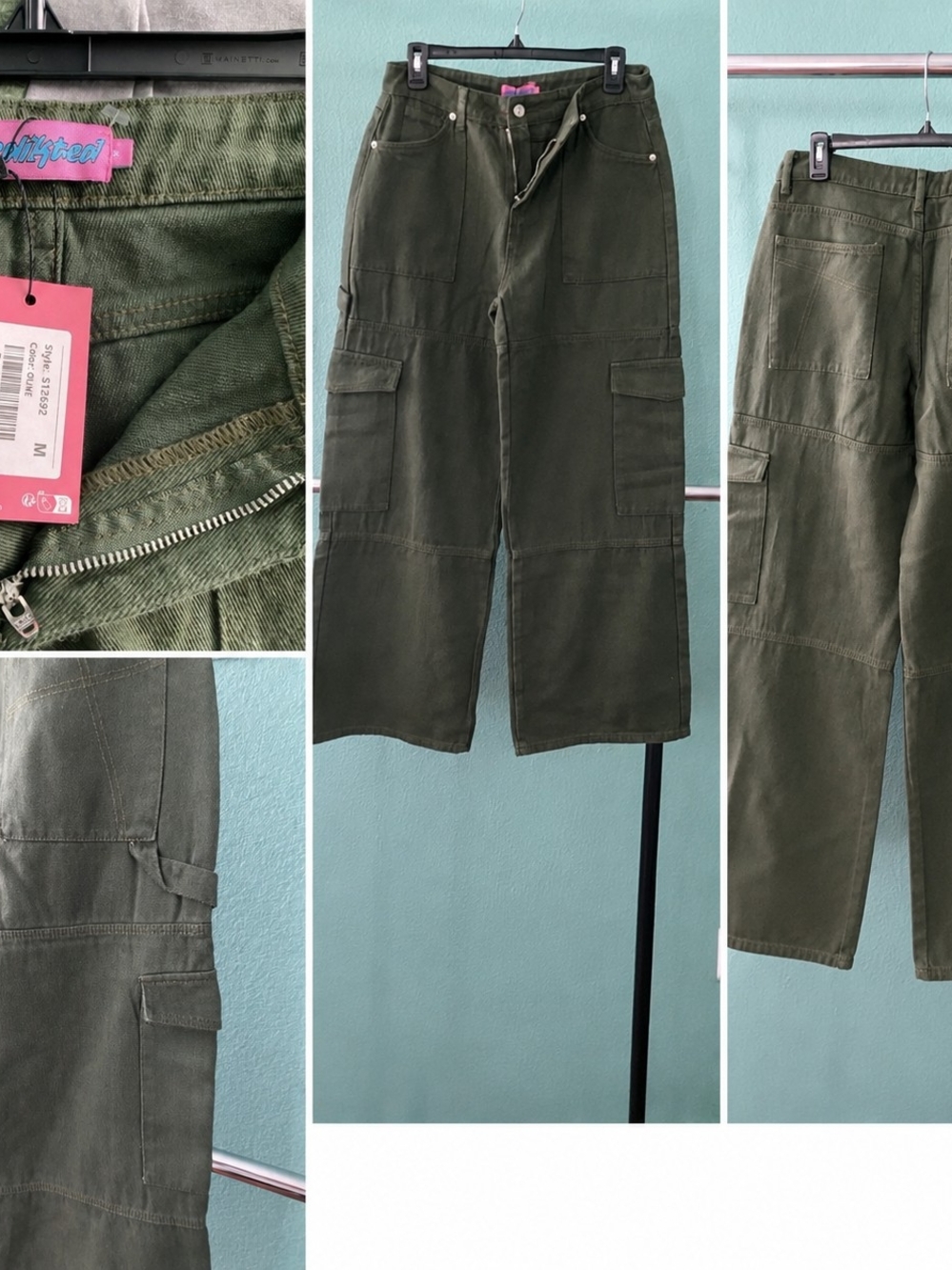 EDIKTED Ember Denim Cargo Pants DK GREEN Size M Y2k Skater Grunge Wide Leg